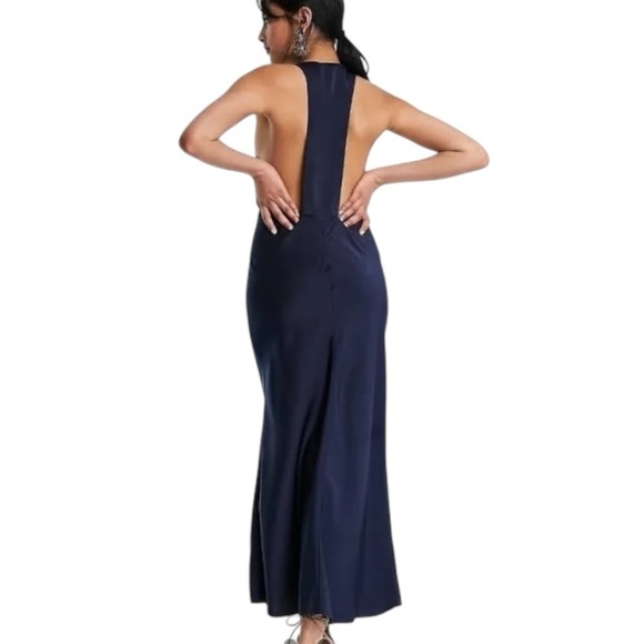 ASOS DESIGN Bias Cut Plunge Satin Midi
Dress Racer Back Navy Blue Size 8 Party - Picture 3 of 10
